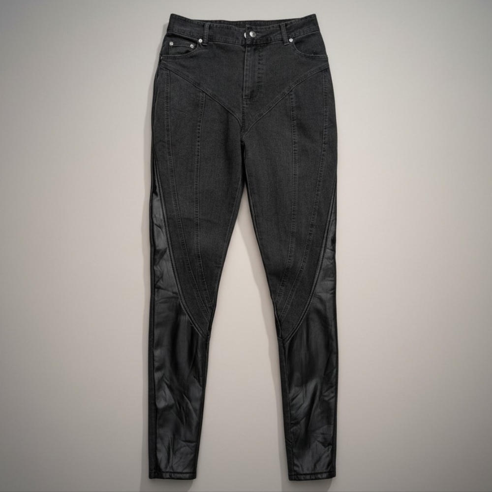 Manière de Voir Black Panelled Skinny Jeans Faux Leather Trim Size US 8